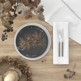 "Gouden Bloemen van de Liefde" | Zwarte bruiloft Papieren Bordje
