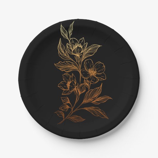 "Gouden Bloemen van de Liefde" | Zwarte bruiloft Papieren Bordje (Voorkant)