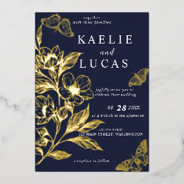 "Gouden Bloemen van Liefde" | Romantische marine b Folie Uitnodiging