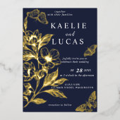 "Gouden Bloemen van Liefde" | Romantische marine b Folie Uitnodiging (Voorkant)