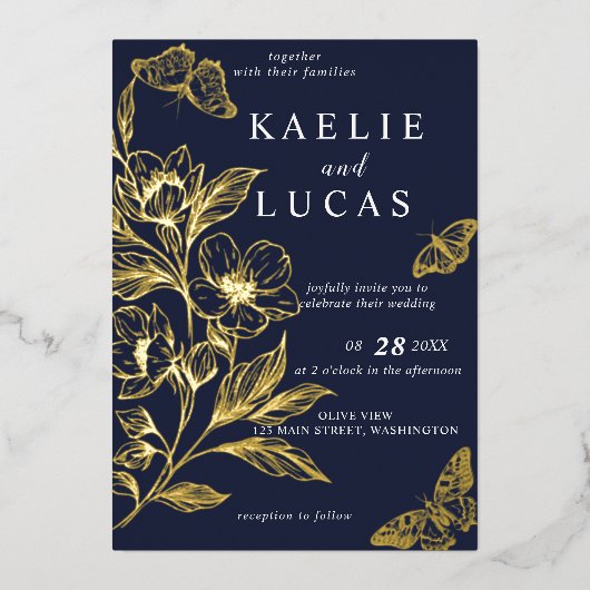 "Gouden Bloemen van Liefde" | Romantische marine b Folie Uitnodiging (Voorkant)