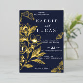 "Gouden Bloemen van Liefde" | Romantische marine b Folie Uitnodiging (Staand Voorkant)