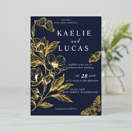 "Gouden Bloemen van Liefde" | Romantische marine b Folie Uitnodiging (Staand Voorkant)