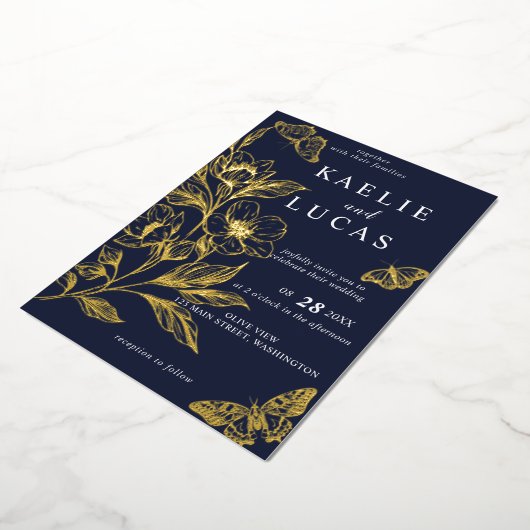 "Gouden Bloemen van Liefde" | Romantische marine b Folie Uitnodiging (Gedraaid)