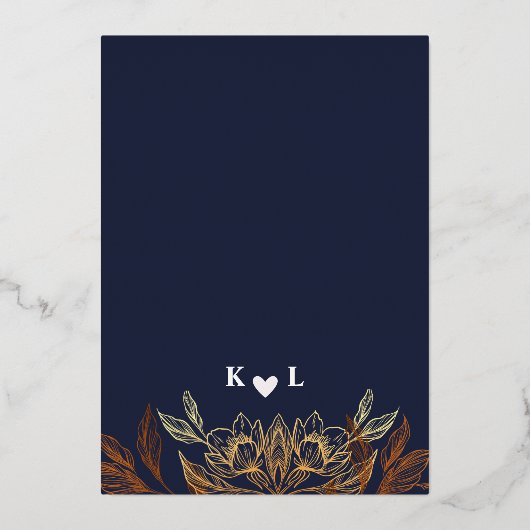 "Gouden Bloemen van Liefde" | Romantische marine b Folie Uitnodiging (Achterkant)