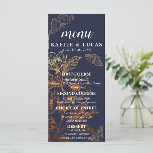 "Gouden Bloemen van Liefde" | Romantische marine b Menu (Staand voorkant)