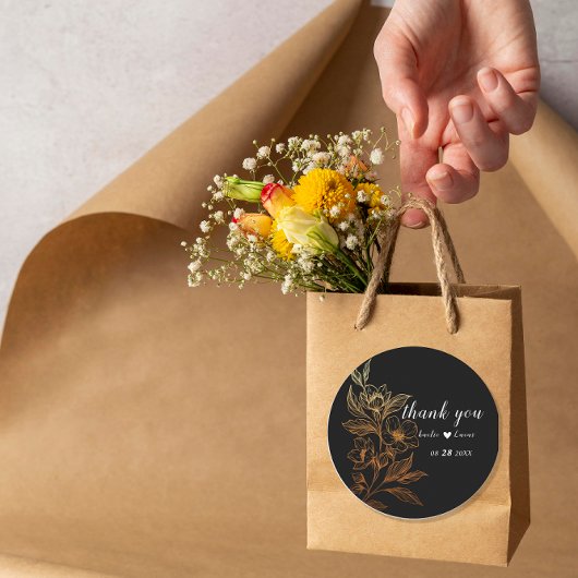 "Gouden Bloemen Van Liefde" | Zwarte Bruiloft Ronde Sticker