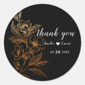 "Gouden Bloemen Van Liefde" | Zwarte Bruiloft Ronde Sticker (Voorkant)