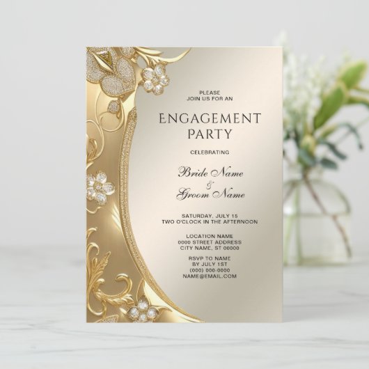 Gouden  Bloemen Verloving Uitnodiging (Staand voorkant)