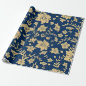 Gouden Bloemen Verpakkingsdocument met Marine Acht Cadeaupapier (Uitgerold)