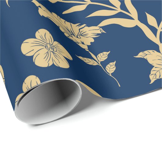 Gouden Bloemen Verpakkingsdocument met Marine Acht Cadeaupapier (Rol Hoek)