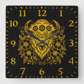 Gouden Bloemen Vette Bizon Art met Detail Vierkante Klok (Voorkant)