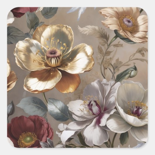 Gouden bloemen vierkante sticker (Voorkant)
