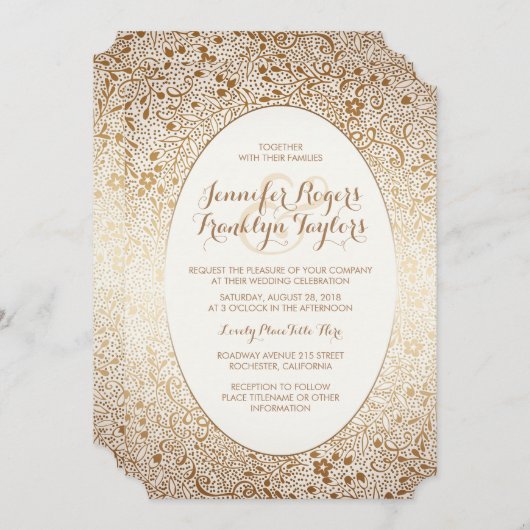 Gouden Bloemen Vintage Huwelijksuitnodigingen Kaart (Voorkant / Achterkant)