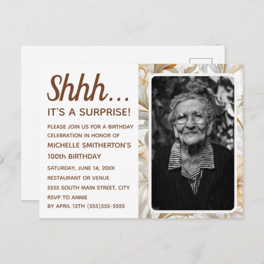 Gouden Bloemen Vrouwen 100ste Verrassing Verjaarda Uitnodiging Briefkaart (Voorkant / Achterkant)