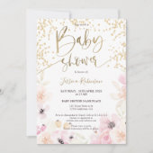 Gouden bloemen waterverf girly roze baby shower in kaart (Voorkant)