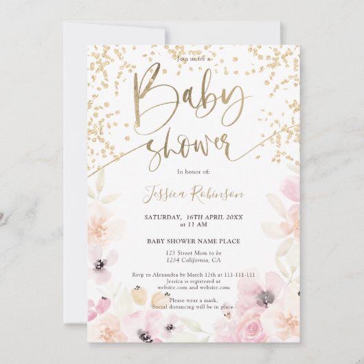 Gouden bloemen waterverf girly roze baby shower in kaart (Voorkant)
