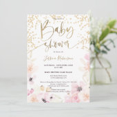 Gouden bloemen waterverf girly roze baby shower in kaart (Staand voorkant)
