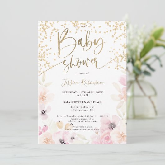 Gouden bloemen waterverf girly roze baby shower in kaart (Staand voorkant)