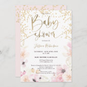 Gouden bloemen waterverf girly roze baby shower in kaart (Voorkant / Achterkant)