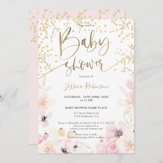 Gouden bloemen waterverf girly roze baby shower in kaart (Voorkant / Achterkant)