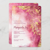 Gouden Bloemen Waterverf Rode Uitnodiging (Voorkant / Achterkant)