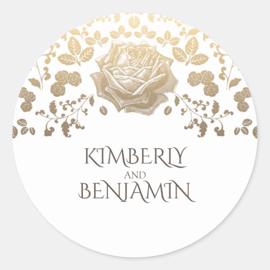  gouden bloemen wit elegante bruiloft ronde sticker (Voorkant)