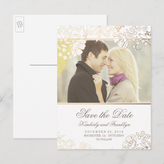 Gouden Bloemen Witte Foto Bewaar de Datum Aankondigingskaart (Voorkant / Achterkant)