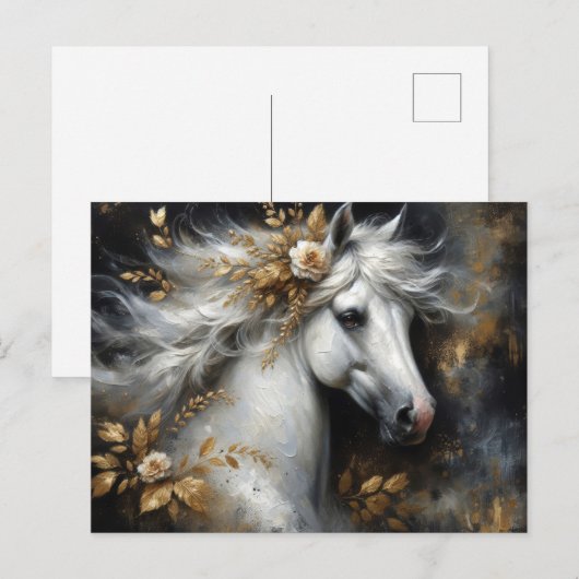 Gouden Bloemen Witte Paard Kunst Briefkaart (Voorkant / Achterkant)