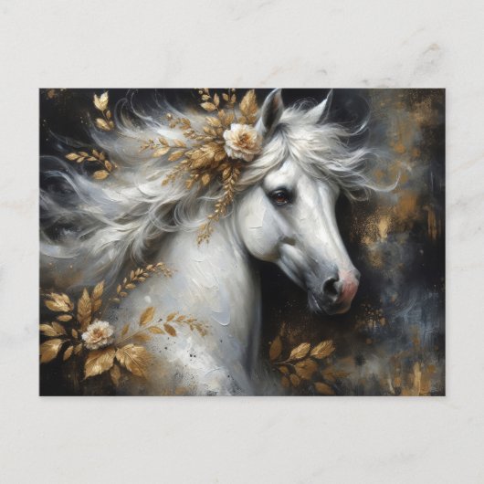 Gouden Bloemen Witte Paard Kunst Briefkaart (Voorkant)