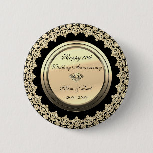 Gouden Bloemen Zwart 50ste Huwelijksjubileum Ronde Button 5,7 Cm