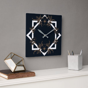 Gouden Bloemen Zwart Elegant Patroon Vierkante Klok