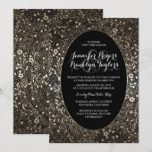 Gouden Bloemen  Zwarte Huwelijksuitnodigingen Kaart (Voorkant / Achterkant)