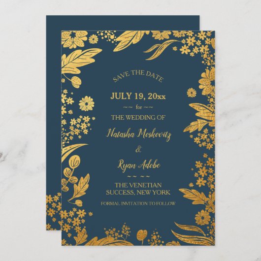 Gouden Bloemenaankondiging Kaart (Voorkant / Achterkant)