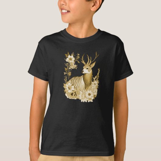Gouden Bloemend Rendier Vakantie T-shirt (Voorkant)