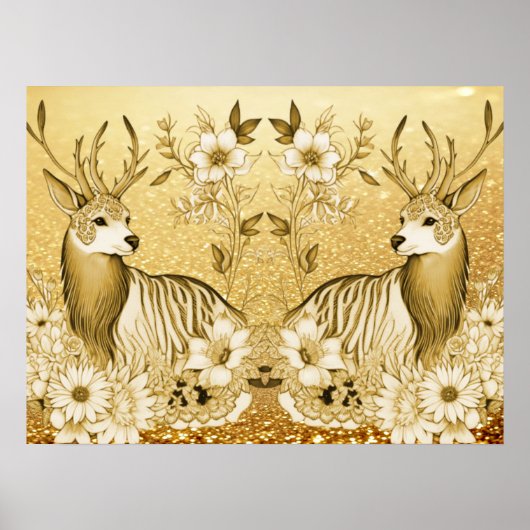 Gouden Bloemendesign Rendier Vakantieposter Poster (Voorkant)