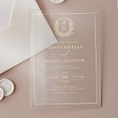 Gouden Bloemenkam Monogram Huwelijk Elegant Acryl Uitnodigingen