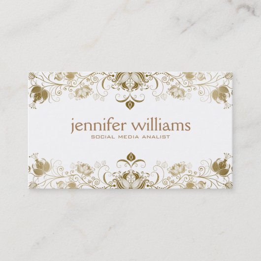 Gouden  bloemenkant op wit visitekaartje (Voorkant)