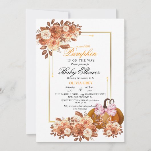 Gouden bloemenkleuren pompoen baby shower uitnodig kaart (Voorkant)
