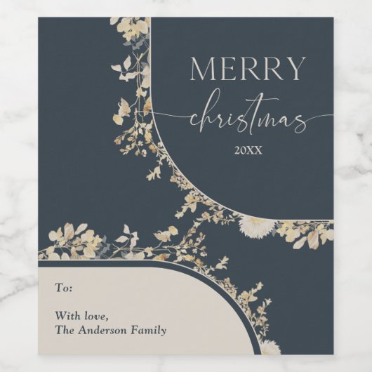 Gouden bloemenkrans Blauwe Kerstmis Wijn Etiket (Enkel label)