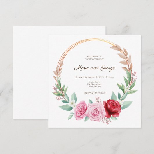 Gouden bloemenkrans boho bruiloft uitnodiging (Voorkant / Achterkant)