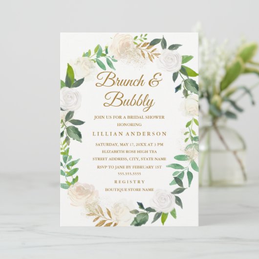 Gouden Bloemenkrans Brunch en Bubble Vrijgezellenf Kaart (Staand voorkant)