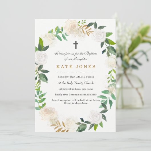 Gouden Bloemenkrans doop uitnodiging (Staand voorkant)