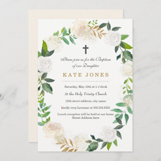 Gouden Bloemenkrans doop uitnodiging (Voorkant / Achterkant)