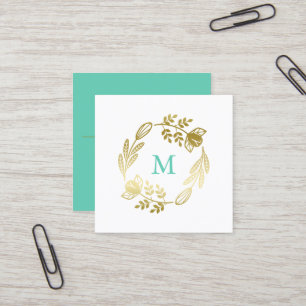 Gouden Bloemenkrans & Mint Green Monogram Vierkante Visitekaartje