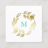 Gouden Bloemenkrans & Mint Green Monogram Vierkante Visitekaartje (Voorkant)