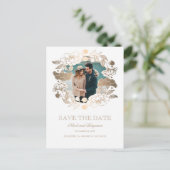 Gouden bloemenkrans | pioenen | Foto Sla de datum  Aankondigingskaart (Staand voorkant)