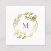 Gouden Bloemenkrans & Roze Monogram Vierkante Visitekaartje (Voorkant)