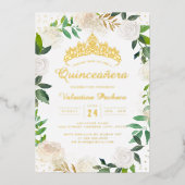 Gouden Bloemenkrans Tiara Quinceanera Folie Uitnodiging (Voorkant)