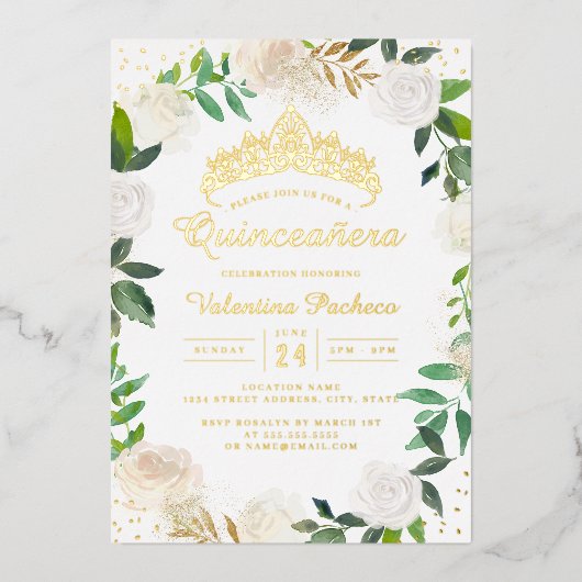 Gouden Bloemenkrans Tiara Quinceanera Folie Uitnodiging (Voorkant)